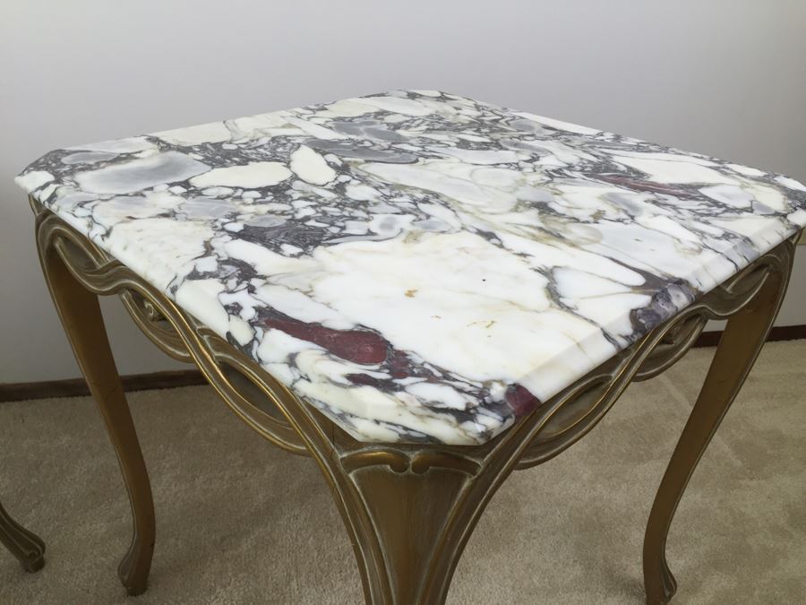 Pair Of Italian Marble Top Wooden End Tables [Photo 17]