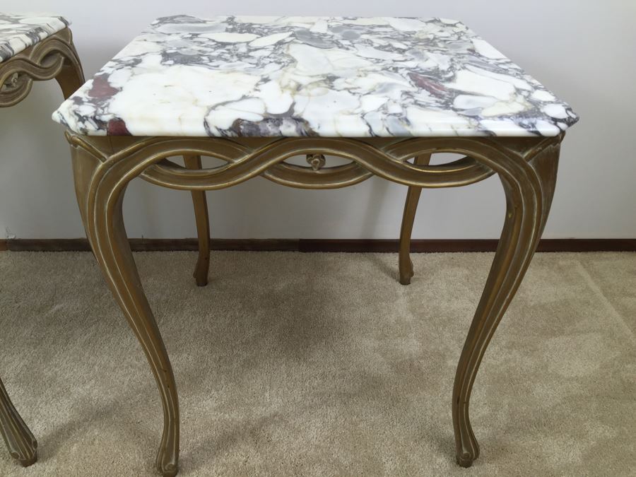 Pair Of Italian Marble Top Wooden End Tables [Photo 5]