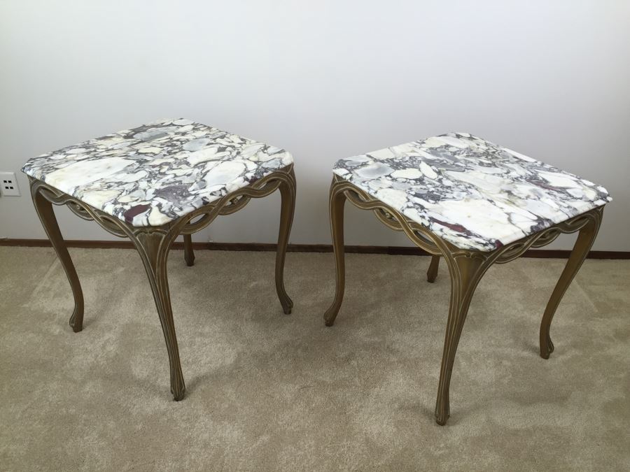 Pair Of Italian Marble Top Wooden End Tables [Photo 20]
