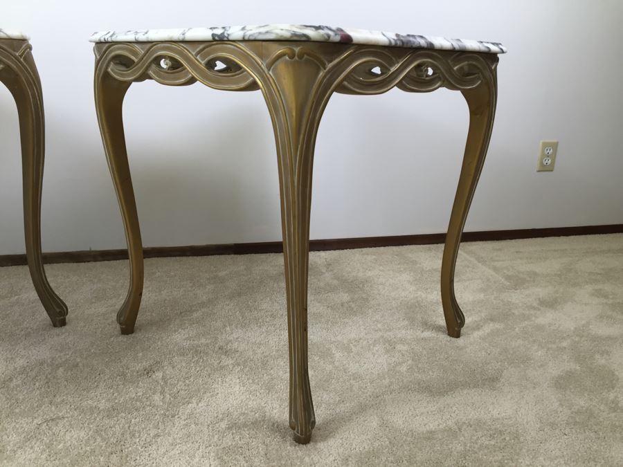Pair Of Italian Marble Top Wooden End Tables [Photo 15]