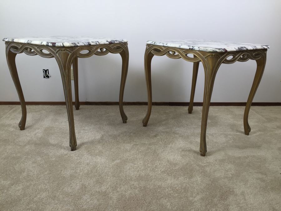 Pair Of Italian Marble Top Wooden End Tables