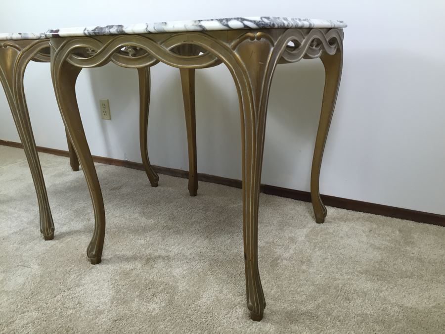 Pair Of Italian Marble Top Wooden End Tables [Photo 10]