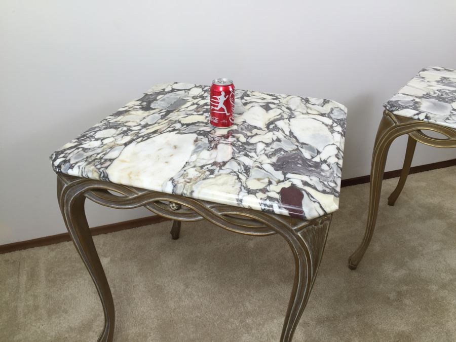 Pair Of Italian Marble Top Wooden End Tables [Photo 22]