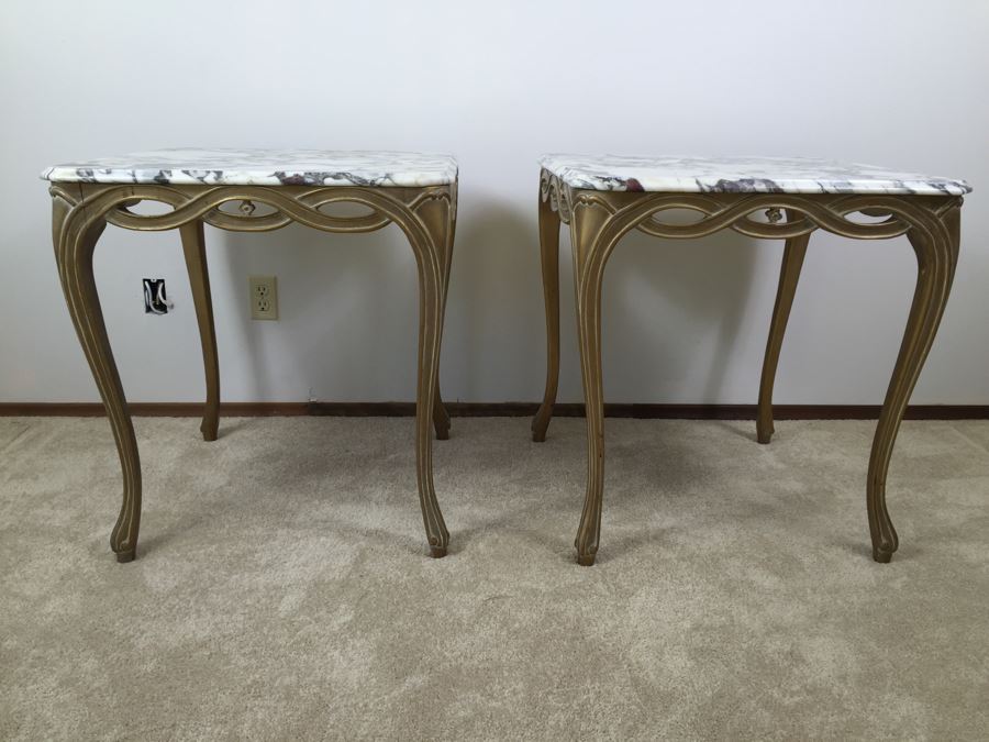 Pair Of Italian Marble Top Wooden End Tables [Photo 4]