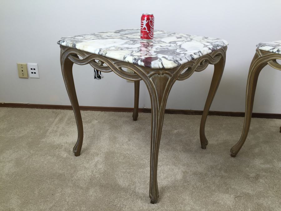 Pair Of Italian Marble Top Wooden End Tables [Photo 21]