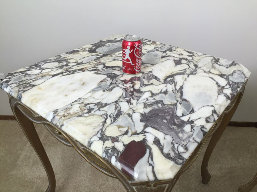 Pair Of Italian Marble Top Wooden End Tables [Photo 2]