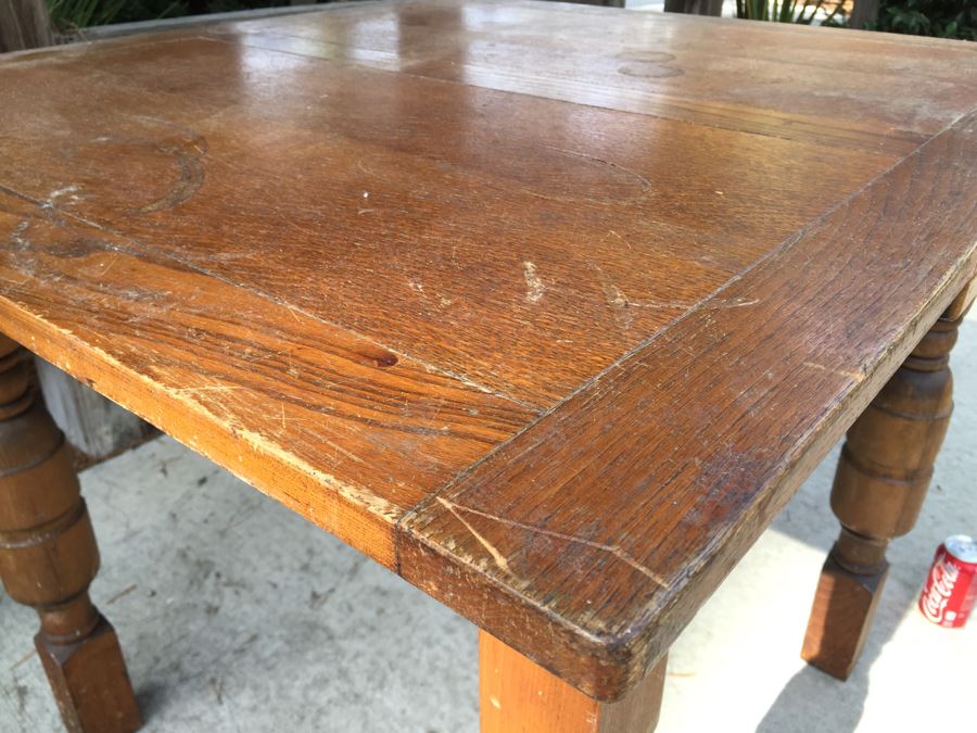 Primitive Kitchen Oak Wood Farmhouse Table With Two Leaves And Turned Legs [Photo 8]