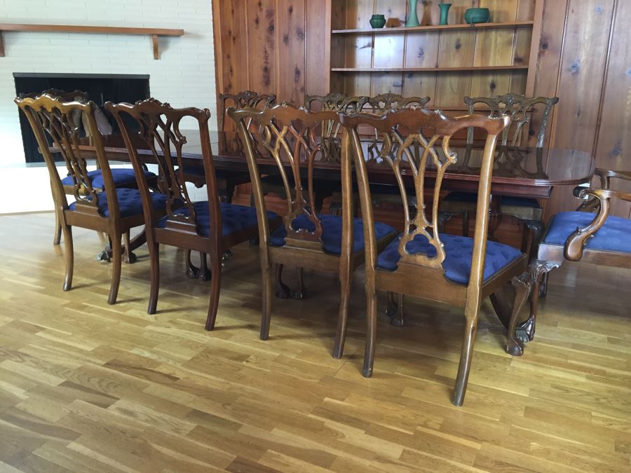 Stunning Thomasville Double Pedestal Dining Table With Two Leaves And Brass Claw Feet With 10 Ball And Claw Feet Chairs [Photo 15]