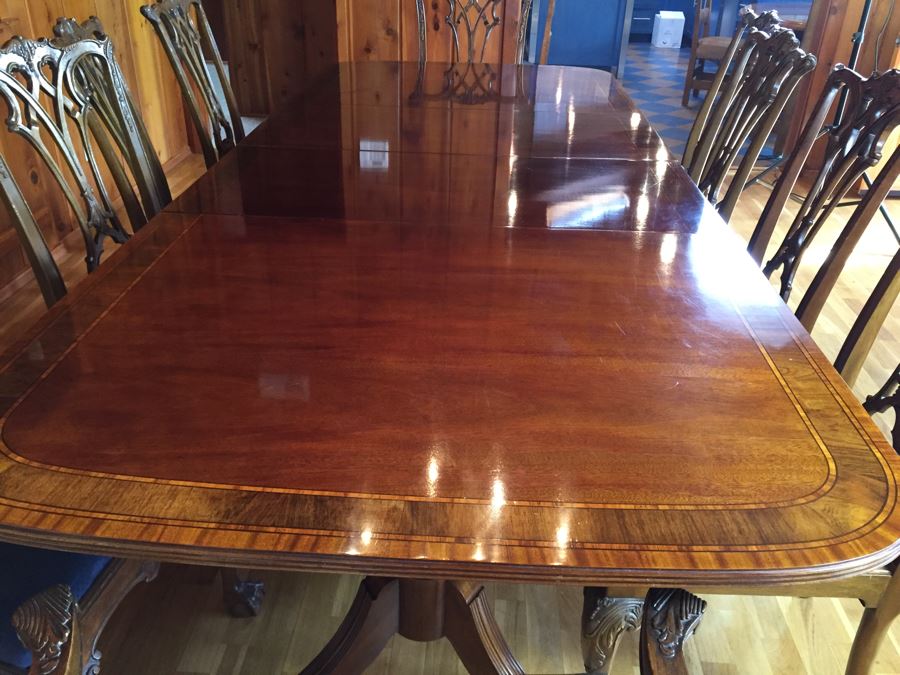 Stunning Thomasville Double Pedestal Dining Table With Two Leaves And Brass Claw Feet With 10 Ball And Claw Feet Chairs [Photo 23]