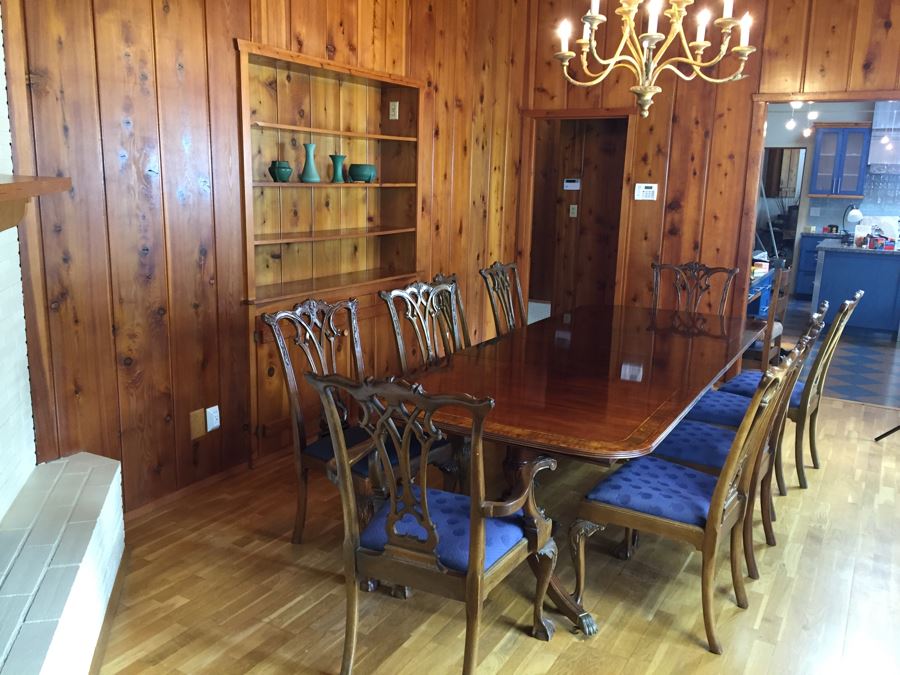Stunning Thomasville Double Pedestal Dining Table With Two Leaves And Brass Claw Feet With 10 Ball And Claw Feet Chairs [Photo 28]