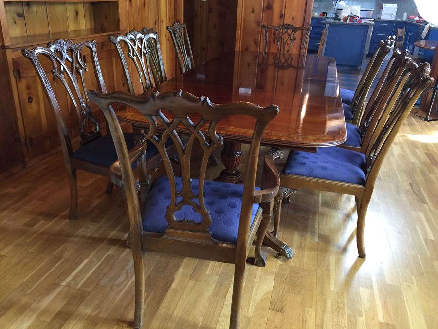 Stunning Thomasville Double Pedestal Dining Table With Two Leaves And Brass Claw Feet With 10 Ball And Claw Feet Chairs [Photo 19]