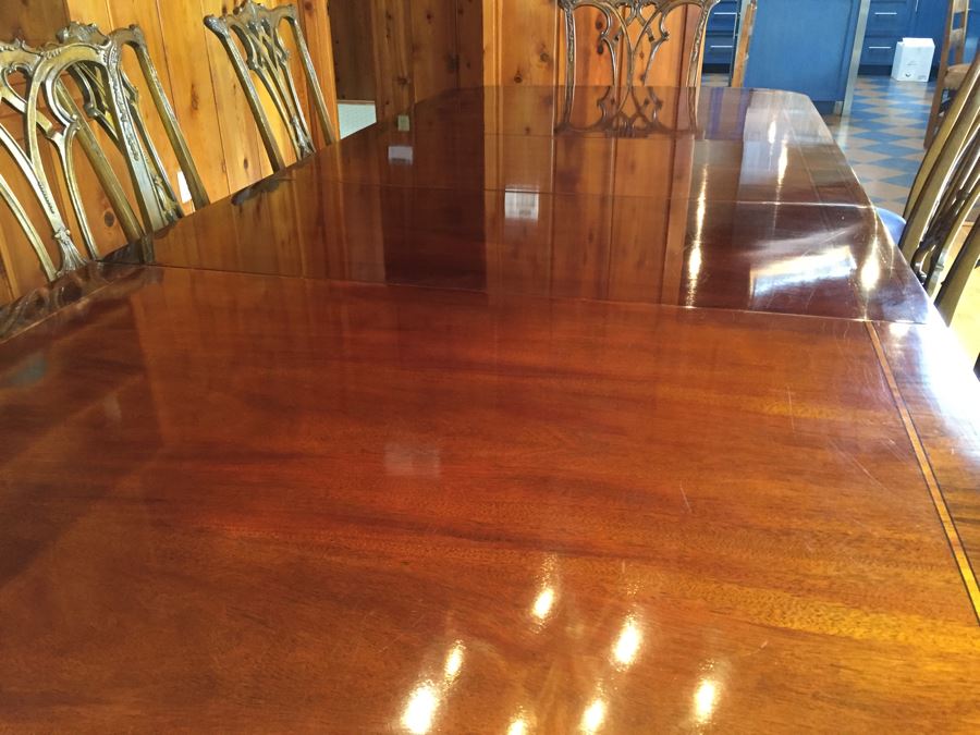 Stunning Thomasville Double Pedestal Dining Table With Two Leaves And Brass Claw Feet With 10 Ball And Claw Feet Chairs [Photo 27]