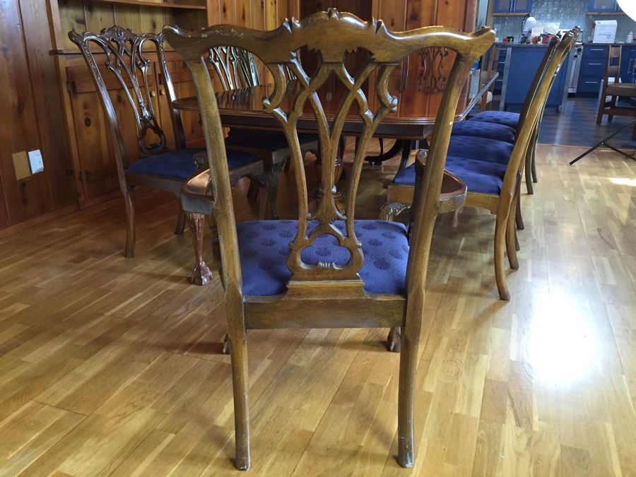 Stunning Thomasville Double Pedestal Dining Table With Two Leaves And Brass Claw Feet With 10 Ball And Claw Feet Chairs [Photo 38]