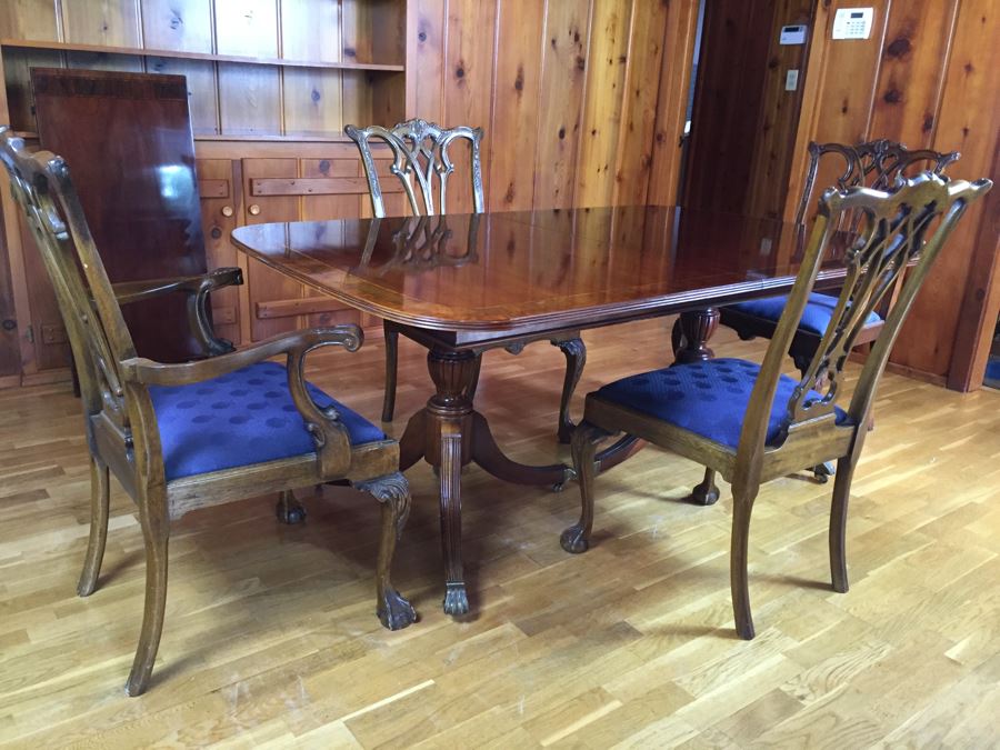 Stunning Thomasville Double Pedestal Dining Table With Two Leaves And Brass Claw Feet With 10 Ball And Claw Feet Chairs [Photo 51]