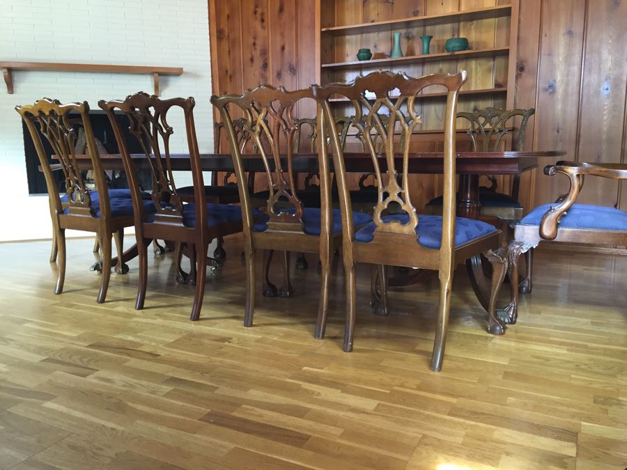 Stunning Thomasville Double Pedestal Dining Table With Two Leaves And Brass Claw Feet With 10 Ball And Claw Feet Chairs [Photo 14]