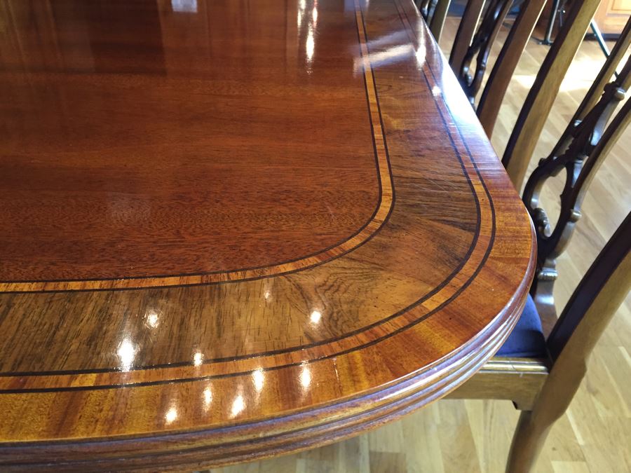 Stunning Thomasville Double Pedestal Dining Table With Two Leaves And Brass Claw Feet With 10 Ball And Claw Feet Chairs [Photo 24]