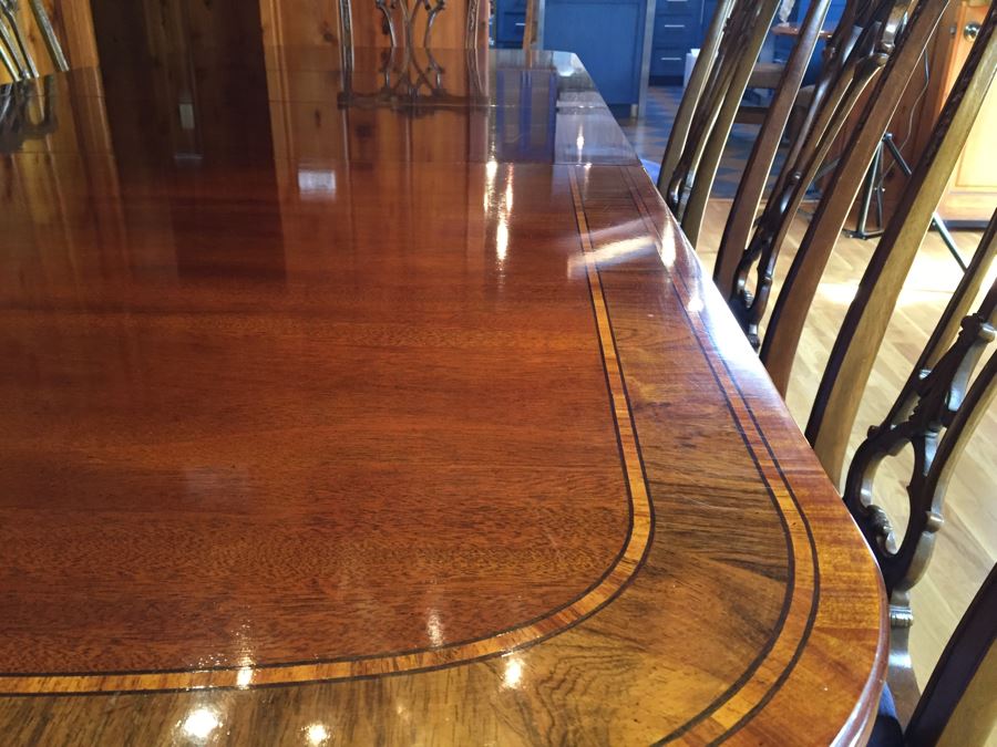 Stunning Thomasville Double Pedestal Dining Table With Two Leaves And Brass Claw Feet With 10 Ball And Claw Feet Chairs [Photo 25]