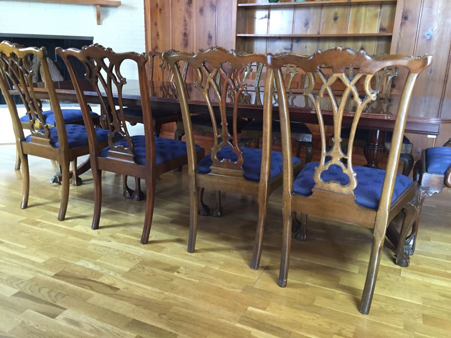 Stunning Thomasville Double Pedestal Dining Table With Two Leaves And Brass Claw Feet With 10 Ball And Claw Feet Chairs [Photo 12]