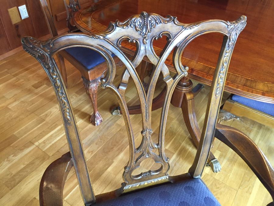Stunning Thomasville Double Pedestal Dining Table With Two Leaves And Brass Claw Feet With 10 Ball And Claw Feet Chairs [Photo 36]