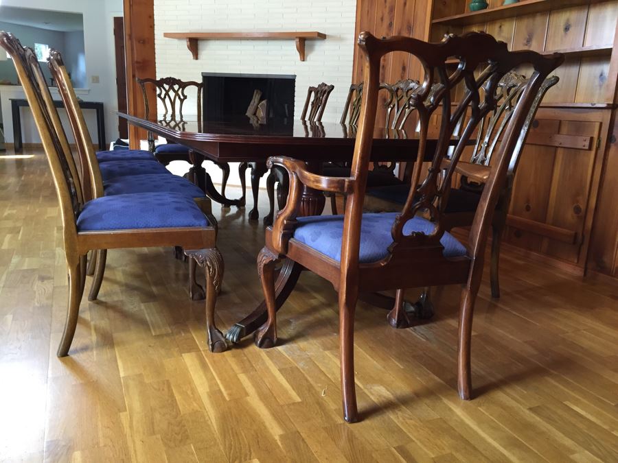 Stunning Thomasville Double Pedestal Dining Table With Two Leaves And Brass Claw Feet With 10 Ball And Claw Feet Chairs [Photo 8]