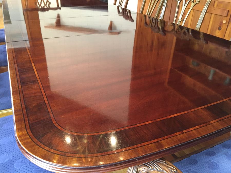 Stunning Thomasville Double Pedestal Dining Table With Two Leaves And Brass Claw Feet With 10 Ball And Claw Feet Chairs [Photo 5]