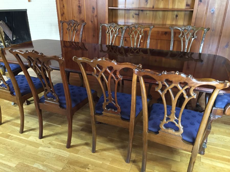 Stunning Thomasville Double Pedestal Dining Table With Two Leaves And Brass Claw Feet With 10 Ball And Claw Feet Chairs [Photo 16]