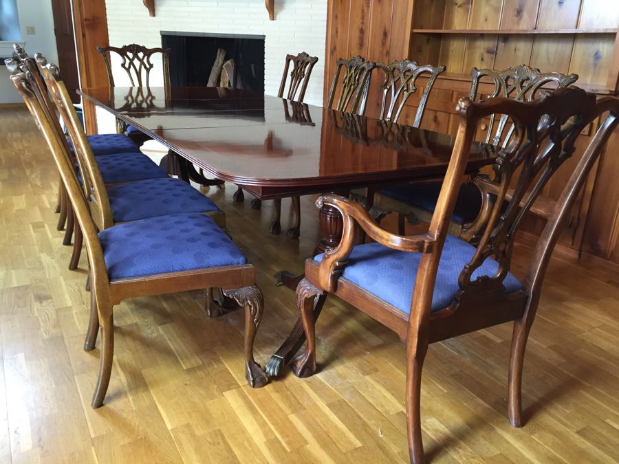 Stunning Thomasville Double Pedestal Dining Table With Two Leaves And Brass Claw Feet With 10 Ball And Claw Feet Chairs [Photo 4]