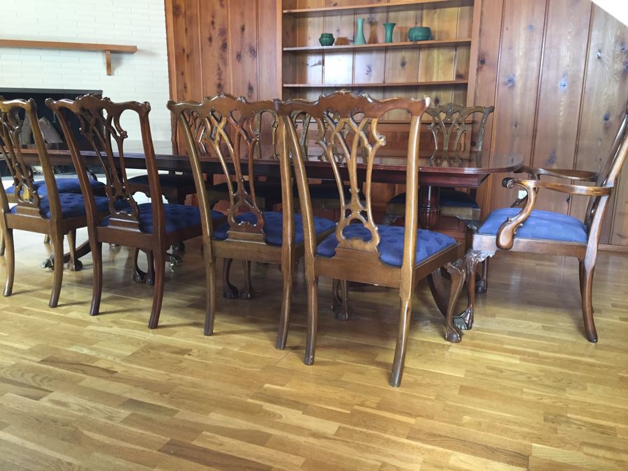 Stunning Thomasville Double Pedestal Dining Table With Two Leaves And Brass Claw Feet With 10 Ball And Claw Feet Chairs [Photo 13]