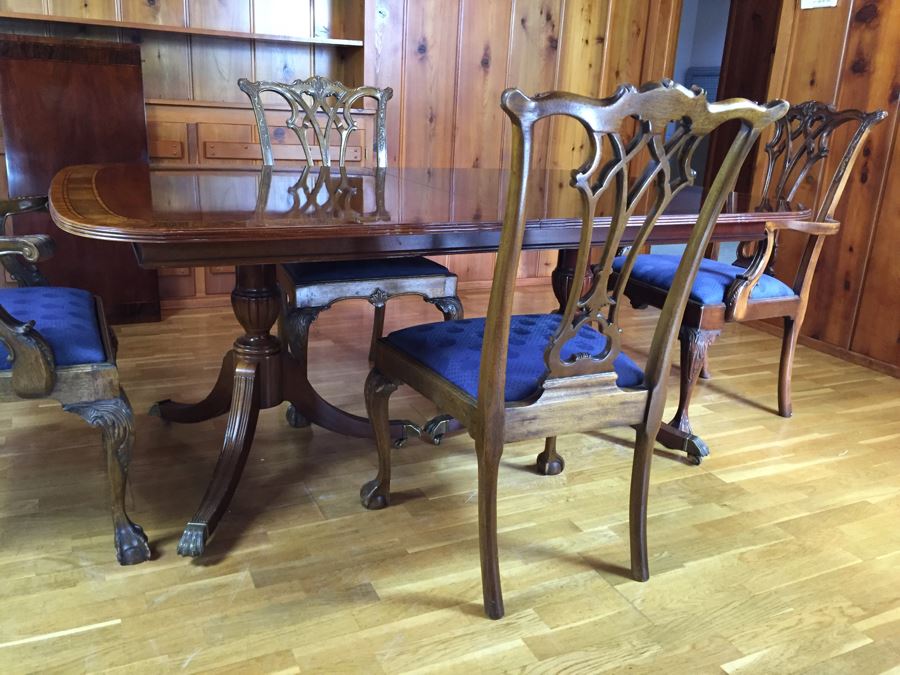 Stunning Thomasville Double Pedestal Dining Table With Two Leaves And Brass Claw Feet With 10 Ball And Claw Feet Chairs [Photo 49]