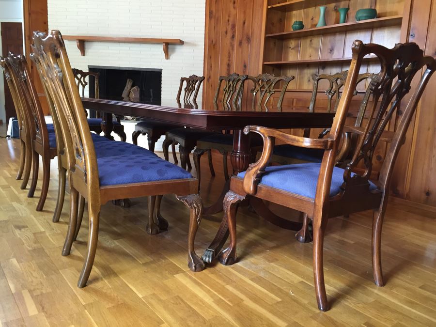 Stunning Thomasville Double Pedestal Dining Table With Two Leaves And Brass Claw Feet With 10