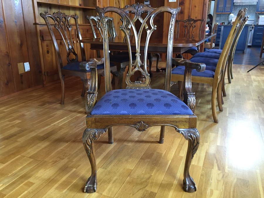 Stunning Thomasville Double Pedestal Dining Table With Two Leaves And Brass Claw Feet With 10 Ball And Claw Feet Chairs [Photo 3]
