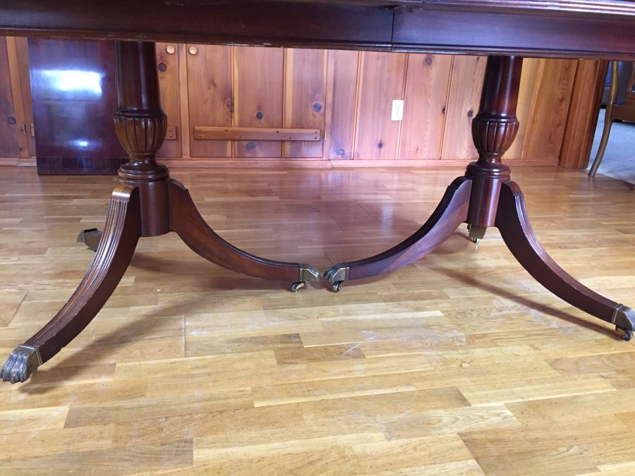 Stunning Thomasville Double Pedestal Dining Table With Two Leaves And Brass Claw Feet With 10 Ball And Claw Feet Chairs [Photo 45]