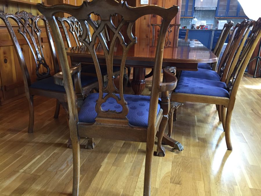 Stunning Thomasville Double Pedestal Dining Table With Two Leaves And Brass Claw Feet With 10 Ball And Claw Feet Chairs [Photo 20]