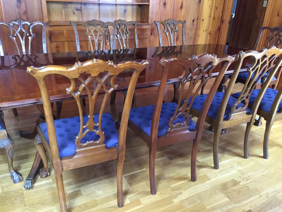 Stunning Thomasville Double Pedestal Dining Table With Two Leaves And Brass Claw Feet With 10 Ball And Claw Feet Chairs [Photo 17]