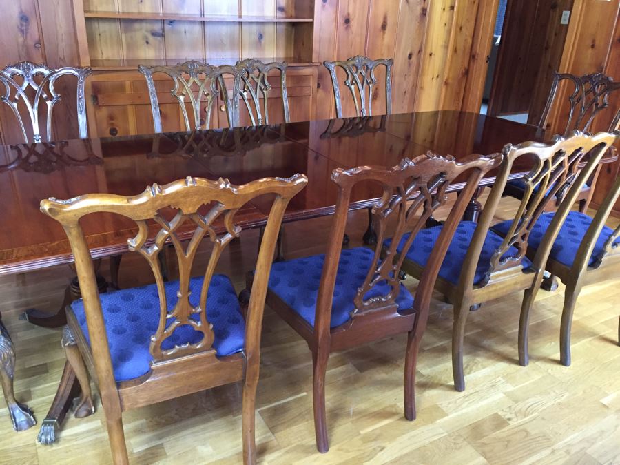 Stunning Thomasville Double Pedestal Dining Table With Two Leaves And Brass Claw Feet With 10 Ball And Claw Feet Chairs [Photo 18]