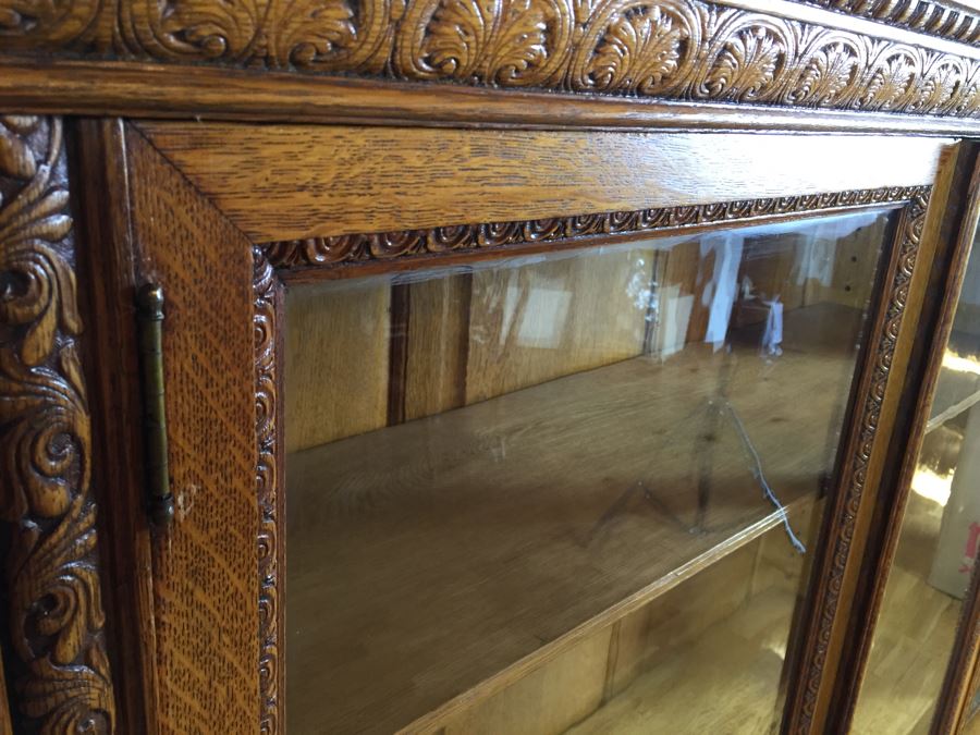Antique Oak Bookcase Curio Cabinet With Beautiful Wood Carvings [Photo 7]