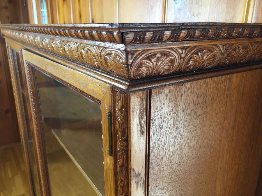 Antique Oak Bookcase Curio Cabinet With Beautiful Wood Carvings [Photo 2]