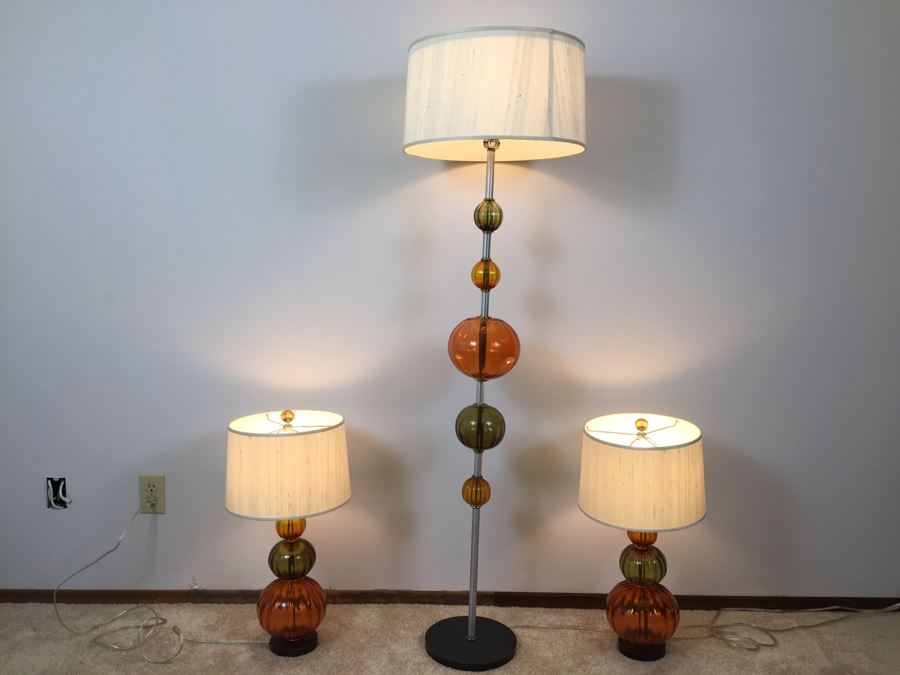 Contemporary Orange And Green Glass Table Lamps And Floor Lamp Modernist [Photo 1]