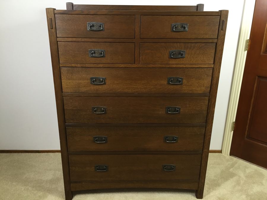 Mission Stickley Oak 8 Drawer Tall Chest Of Drawers Dresser