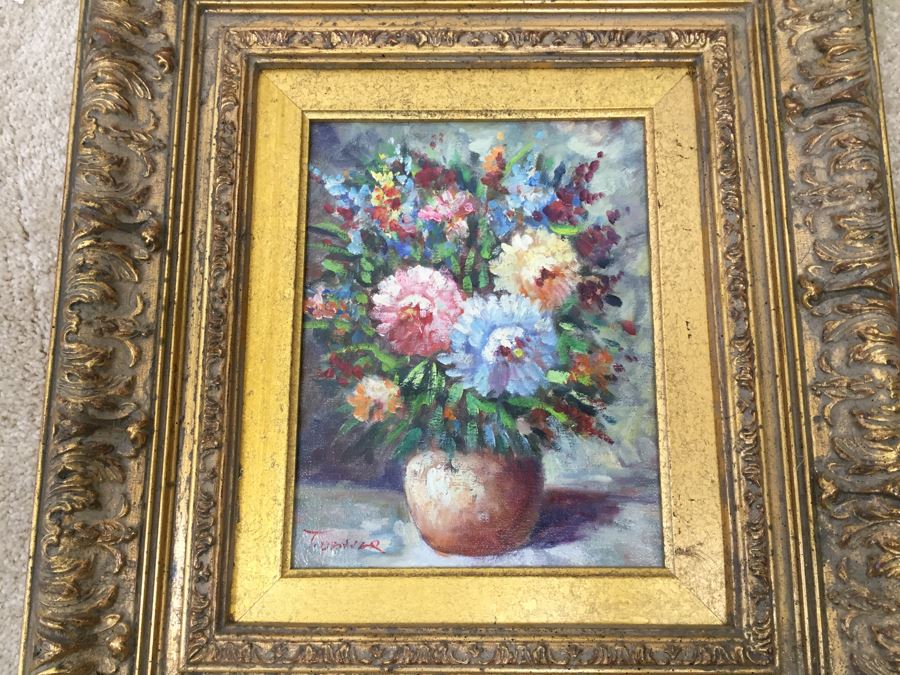 Stunning Gilt Wood Framed Original Floral Oil Painting Signed By Artist [Photo 5]