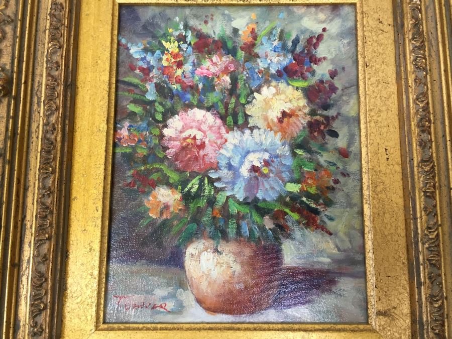 Stunning Gilt Wood Framed Original Floral Oil Painting Signed By Artist [Photo 2]