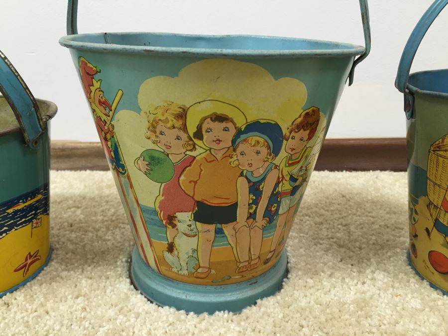 Set Of 3 Tin Litho Beach Sand Pail Bucket British Made [Photo 7]