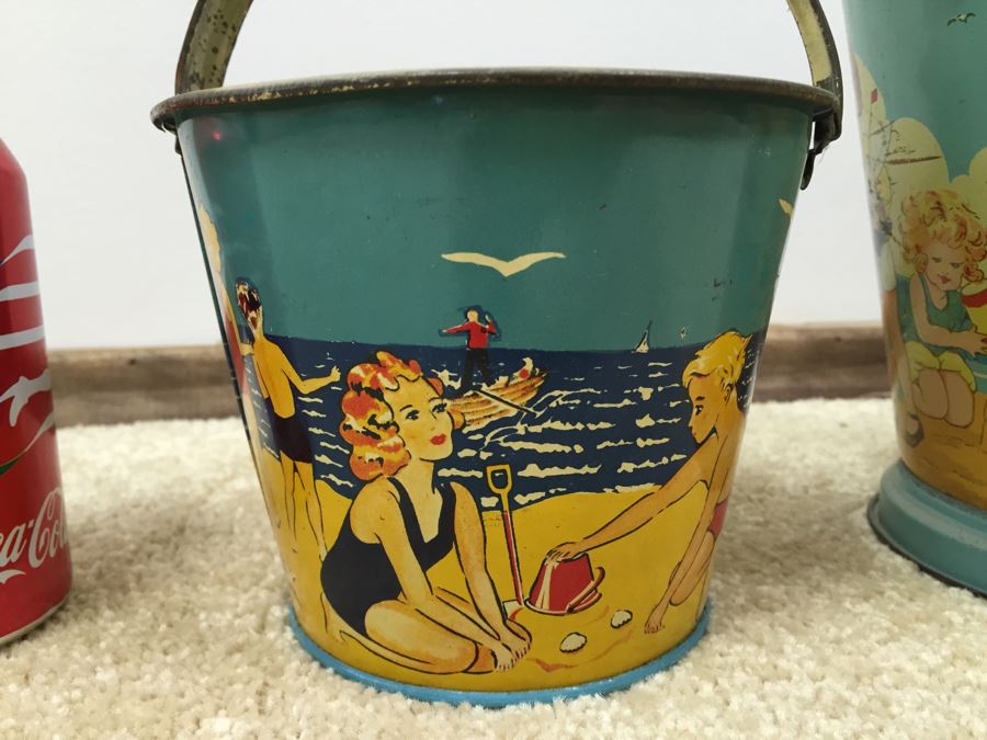 Set Of 3 Tin Litho Beach Sand Pail Bucket British Made [Photo 19]