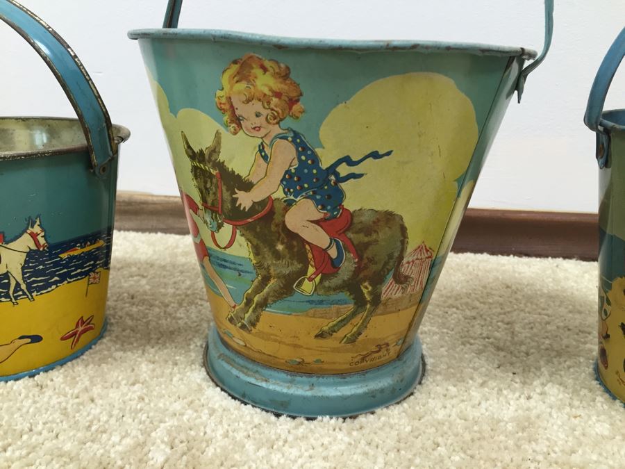 Set Of 3 Tin Litho Beach Sand Pail Bucket British Made [Photo 4]