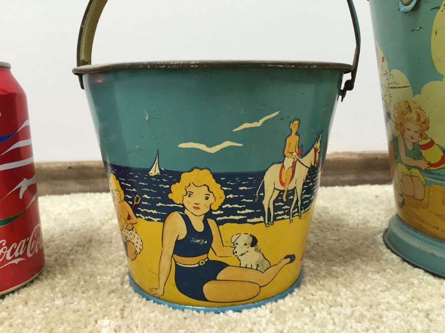 Set Of 3 Tin Litho Beach Sand Pail Bucket British Made [Photo 16]