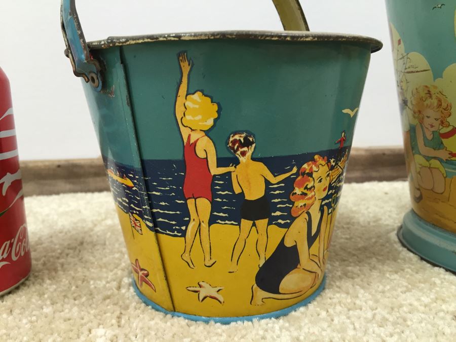 Set Of 3 Tin Litho Beach Sand Pail Bucket British Made [Photo 18]