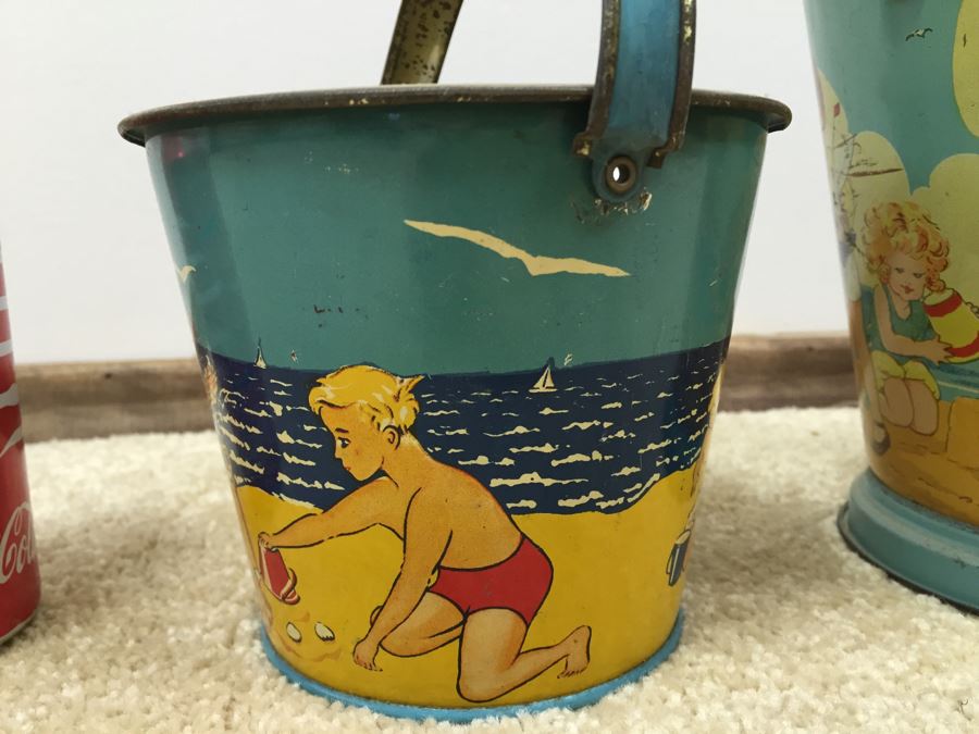 Set Of 3 Tin Litho Beach Sand Pail Bucket British Made [Photo 20]