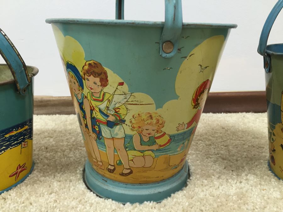 Set Of 3 Tin Litho Beach Sand Pail Bucket British Made [Photo 8]