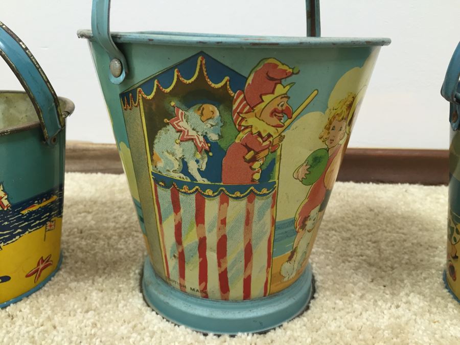Set Of 3 Tin Litho Beach Sand Pail Bucket British Made [Photo 3]
