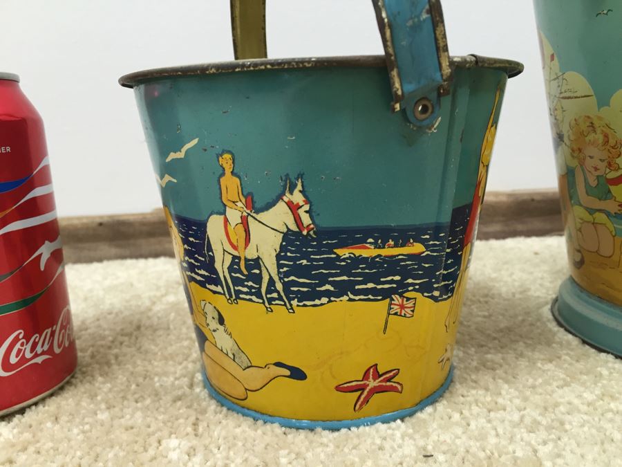 Set Of 3 Tin Litho Beach Sand Pail Bucket British Made [Photo 17]